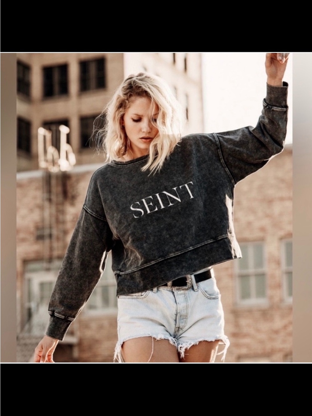 Black Acid Wash SEINT Cotton Women’s Sweatshirt